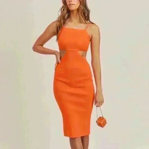Orange Bodycon Midi Dress With Cutouts